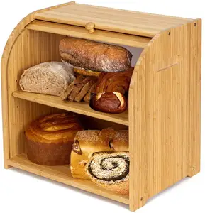 双层卷顶面包储物盒带可调中间搁板的食品保管员，厨房台面用竹制面包盒