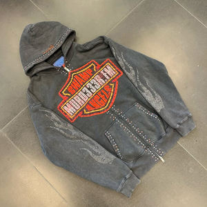 Personalizado Vintage lavado polar francés Terry pesado grueso cremallera chaqueta cristal strass doble cremallera Sudadera con capucha hombres - Product Image 2