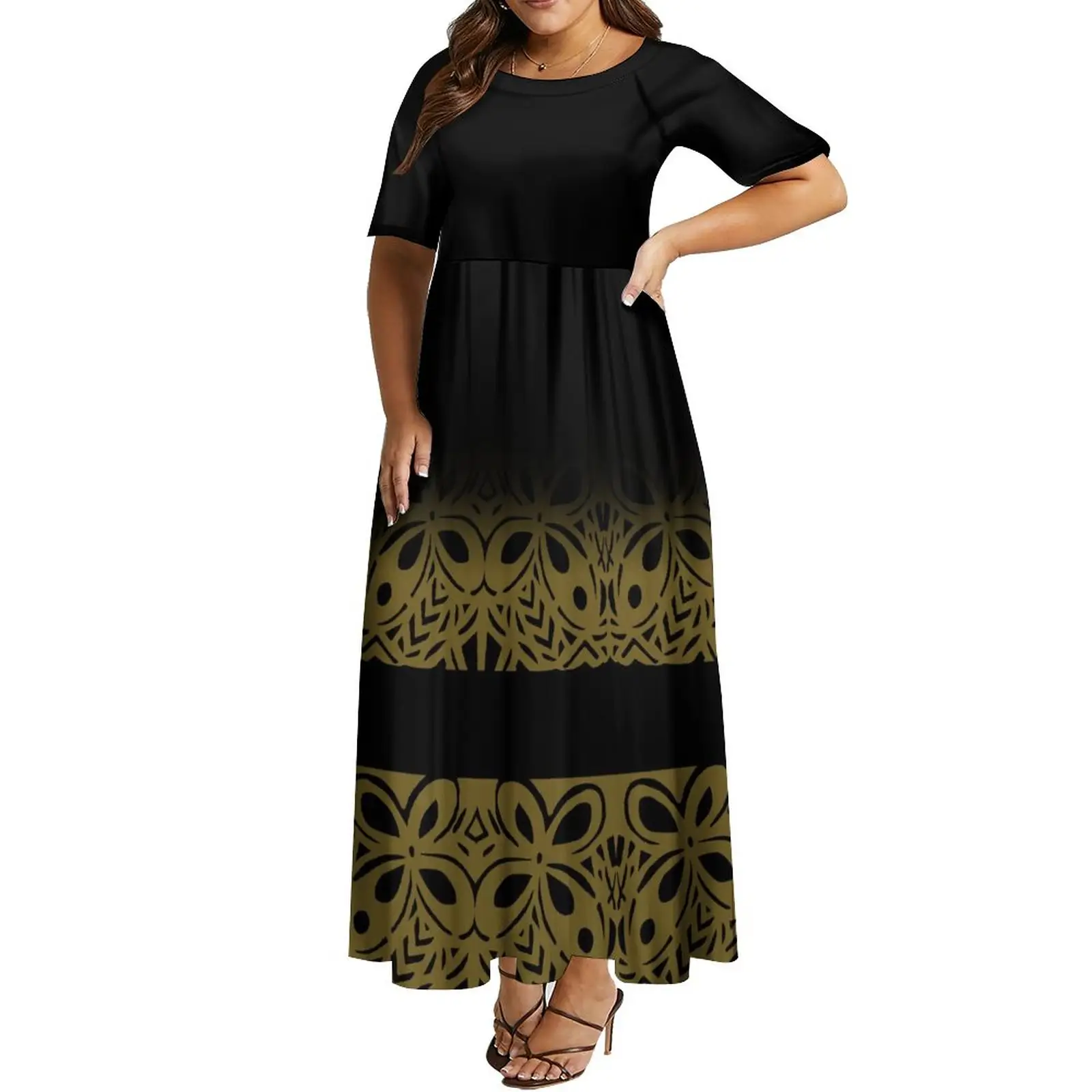 Drop Shipping Customize Tapa Design Polynesian Dresses Women Elegant Large Size Crew Neck Long Maxi Ladies Dresses 7XL 8XL