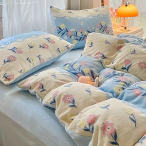 โรงงานพิมพ์สิ่งทอที่บ้านผ้าปูที่นอนสีน้ําเงินผ้าขนแกะนมผ้านวมคลุมผู้จัดจําหน่ายชุดเครื่องนอน - Product Image 4