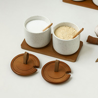 Ensemble de pots à condiments avec couvercle en bois et cuillère, 340 ml, en céramique mouchetée, avec plateau en bois et tirette en cuir, pots à sucre