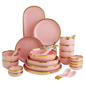 Ensemble de <span class=keywords><strong>vaisselle</strong></span> à bord doré de <span class=keywords><strong>style</strong></span> <span class=keywords><strong>scandinave</strong></span> <span class=keywords><strong>vaisselle</strong></span> en céramique domestique combinaison de bol à riz de luxe girly rose accessible - Product Image 5