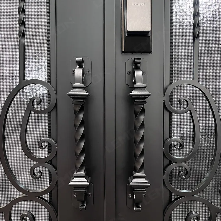 Puerta frontal de hierro forjado exterior de entrada de vidrio templado con cerradura inteligente doble de Metal australiano para casa