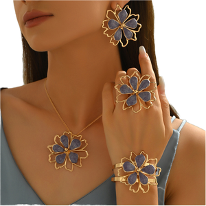 Européen américain élégant tridimensionnel creux goutte à goutte d'huile brillant feuille de Lotus boucles d'oreilles collier à la mode ensemble à la mode - Product Image 1