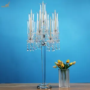 Luxury 9 arms tall clear crystal candelabra wedding candle holder centerpieces with glass chimney