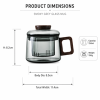 Mug à thé en verre borosilicate gris fumé de qualité supérieure, 150 ml, avec poignée en bois, tasse résistante à la chaleur pour théière et verres à thé
