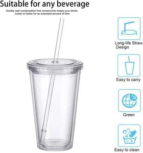 2025 Custom 16oz Plastic <b>PS</b> As Acrylic Clear Double Wall Vacuum Insulated Tumbler with Straw for Camping Portable Custom Color - Product Image 4
