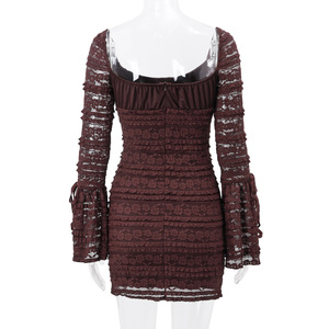 Sexy Floral Lace Mini Dress Drawstring Ties Detail <strong>Outfits</strong> for Women Club Party Rich <strong>Brown</strong> Dresses Flare Sleeve - Product Image 5