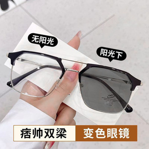 Gafas graduadas fotocromáticas para hombre, montura metálica ovalada, montura completa, protección contra luz azul, estilo individualista de tendencia - Product Image 5
