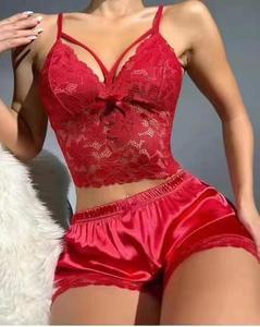 New Summer <b>Satin</b> <b>Pajama</b> Set Lace Top <b>Shorts</b> with Elastic Waist - Product Image 6