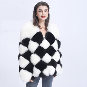 Blouson aviateur en vraie fourrure de renard, motif quadrillé noir et blanc, grande taille, pour femmes - Product Image 3