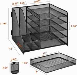 5-Tier Paper Letter Tray <b>Organizer</b> with <b>File</b> Holder - Desk <b>Organizer</b> with Drawer and Pen Holders Metal Mesh Desk <b>Organizer</b> - Product Image 2