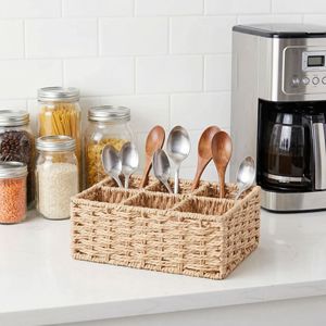 Woven Storage Basket Multi Compartment Cutlery Organizer Rectangle Handmade Straw Office <b>Desk</b> Cabinet Organizer <b>Rustic</b> Style - Product Image 3