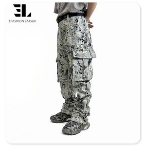 LARSUR Logo personnalisé OEM ODM Jeans empilés pour hommes Jeans jacquard à bords bruts Jeans évasés Pantalons en <span class=keywords><strong>tapisserie</strong></span> délavée pour hommes - Product Image 4