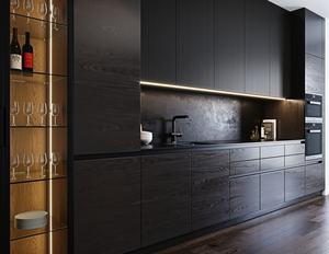Furnitur rumah mewah lapisan kayu kenari Modular warna hitam Matt pintu kaca lemari dapur desain Modern - Product Image 4