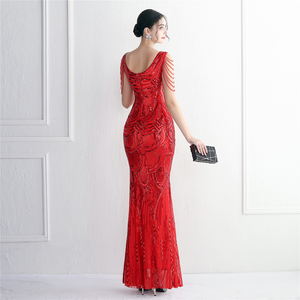 Abito da sera a sirena <span class=keywords><strong>di</strong></span> lusso con perline, scollo a V profondo, vestibilità slim, lunghezza al pavimento, per donna, collezione 2026 - Ideale per matrimoni ed eventi formali - Product Image 4
