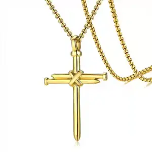 High Polish Gold Cross Nail Necklace Stainless Steel Cross Pendant Titanium Men's Cross Necklace