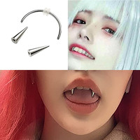 Piercing style punk pour le nez et la lèvre, avec 12 dents de vampire, cône et anneau fer à cheval pour la langue