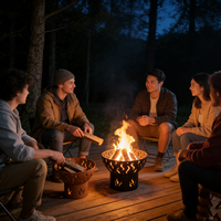 Brasero rond en fer avec découpes décoratives et grille de cuisson pour terrasse extérieure, jardin et camping