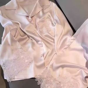 <span class=keywords><strong>Pigiama</strong></span> Estivo da Donna Due Pezzi Lungo Sexy in Pizzo Motivo Tinta Unita in Seta Artificiale con Colletto Alto - Product Image 4