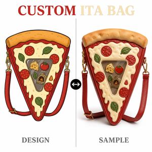 Mochila Kawaii Personalizada con Forma de <span class=keywords><strong>Pizza</strong></span>, con Ventana Triangular, Diseño de Crosta Dorada con Queso Derretido, Pepperoni y Albahaca, en Cuero Sintético - Product Image 1
