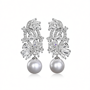 Elegantes Pendientes de Cristal con Flores y Perlas, Chapados en Oro Blanco, para Mujer, Estilo Clásico de Boda, Plata 925 con Baño de Rodio - Product Image 1