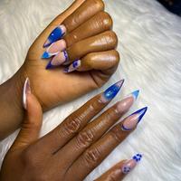 Faux ongles longs stiletto en acrylique à couverture complète, rose-rouge ombré, fleur 3D, éclaboussures d'encre rouge, perles métalliques dorées, faits à la main, à presser