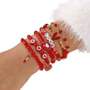 Romantic <b>Red</b> Heart Beaded <b>Bracelet</b> Set Women's Love Charm Jewelry Gold Plated Acrylic Resin Bangles Gift - Product Image 1