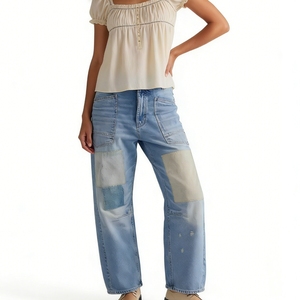 Pantalones vaqueros anchos de mezclilla con cordón y parches para mujer, estilo cargo con salpicaduras de pintura, moda Sehe - Product Image 3