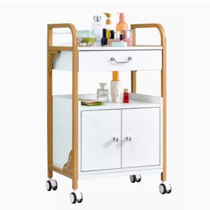 Carrito Rodante de Lujo para Salón de Belleza, Color Blanco con Marco Dorado, de Bambú, con Ruedas, en Venta como Mobiliario de Salón - Product Image 1