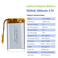Batterie polymère Li-Ion 3.7V 1200mAh LP703048, cellule polymère au lithium haute densité énergétique 703048, batterie Lipo avec certifications KC CE