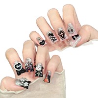 Faux ongles à presser en acrylique faits main, rose et noir à paillettes, pour Halloween, forme carrée moyenne, avec breloques 3D (poupée, balai de sorcière, château, croix), certifiés