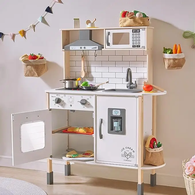 Jogo de brincar de cozinha infantil de madeira para crianças, conjunto com luzes e sons reais, com 18 peças de brinquedo, comida e utensílios de cozinha