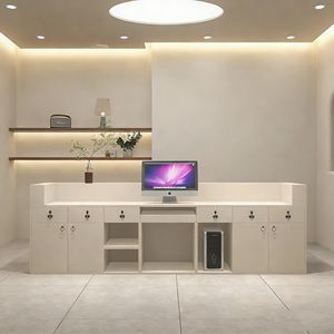 Table de réception en bois haut de gamme W004, demi-lune, éclairée, pour salon de coiffure, clinique médicale, coworking, hall, commerce de détail, comptoir de caisse - Product Image 3