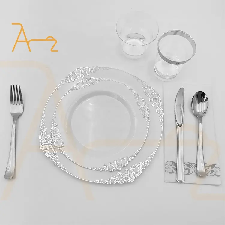 Elegant Disposable Plastic Baby Plate Set Silver Cloud Rim Dinnerware Party Wedding Table Decoration Dinner Set 12 People Plates