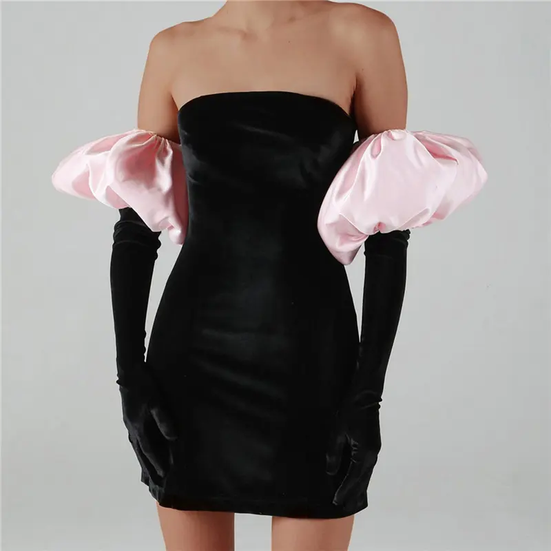 Gaun Mini Bodycon Hitam Tanpa Tali Balut Dada Seksi Sarung Tangan Lengan Puff Mode Wanita Sarung Tangan Pesta Ulang Tahun Clubwear 2021 Baru #1750
