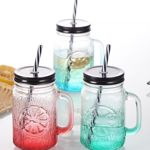 Wholesale 16oz Glass Cups Colored Mason Jar With Handle and <strong>Straw</strong> for Iced Coffee <strong>Milkshake</strong> Smoothie Tea - Product Image 1