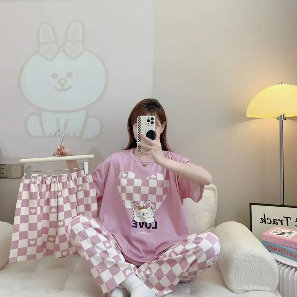 Set piyama tiga potong baju tidur wanita, lingerie motif lucu poliester lengan pendek