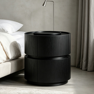Mesita de Noche Redonda Francesa Negra de Madera Creativa con 2 Cajones, Gabinete Moderno para Dormitorio, Mesa Auxiliar para Sala de Estar/Apartamento - Product Image 4
