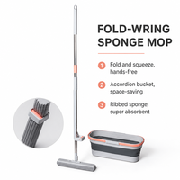 Serpillère pliable et essoreuse mains libres avec seau pliable à soufflet, éponge côtelée super absorbante et manche télescopique pour la maison