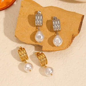 Pearl Huggie Earrings <b>Titanium</b> Steel <b>Studs</b> For Women Everyday Wear Geometric Design TE60048 G S - Product Image 2