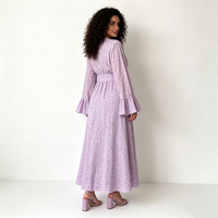 Robes longues décontractées et élégantes pour femmes, en gros, couleur lilas, imprimé floral, col en V, manches longues évasées à volants, taille haute