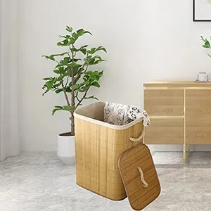 Cesta plegable de bambú para la ropa, cesta de almacenamiento de ropa con tapa, contenedor de tela para el hogar, organizador de lavado