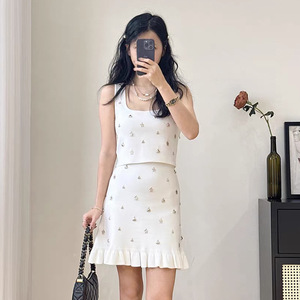 Sandro Dress <span class=keywords><strong>donna</strong></span> primavera/estate Design bianco francese Set due pezzi gilet Sexy senza maniche con gonna a trapezio Set - Product Image 2