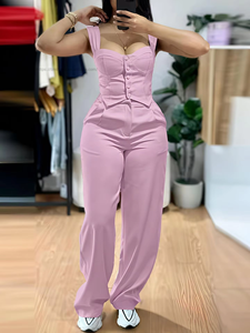 Ensemble 2 pièces élégant pour femme : haut ajusté sans bretelles à manches courtes et pantalon large décontracté – Tendance - Product Image 5