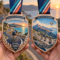 Médaille personnalisée pour le défi de cyclisme virtuel 100KM Coastal Ride en alliage de zinc plaqué or rose avec impression UV et finition en relief 3D – Récompense du finisher