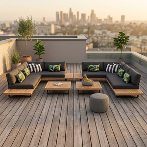 Outdoor Sectional Garden <b>Sofa</b> <b>Set</b> with Teak & Fabric Cushioned Patio Couch Side Tables Minimalist Design for Villa Use - Product Image 2