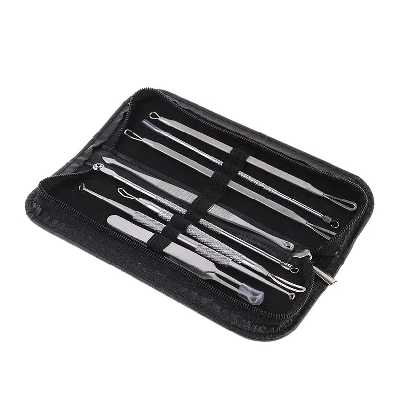8Pcs/set Blackhead Remover With Leather Bag Skin Care Kit Tool Acne Pimple Cleaner Stainless Steel Beauty Tool