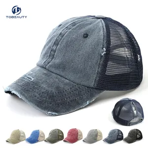 Tobeauty Washed Cotton Mesh Vintage Cap Hats Custom Distressed Trucker Hat With Custom Patch