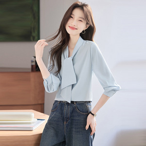 Women's Blue Chiffon Shirt With <b>Wrap</b> Tie Design For Work Professional Blouse Spring Autumn Fashion Top - Product Image 4